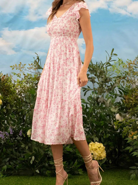 Floral V Neck Smocked Short Sleeve Midi Dress (Pink)