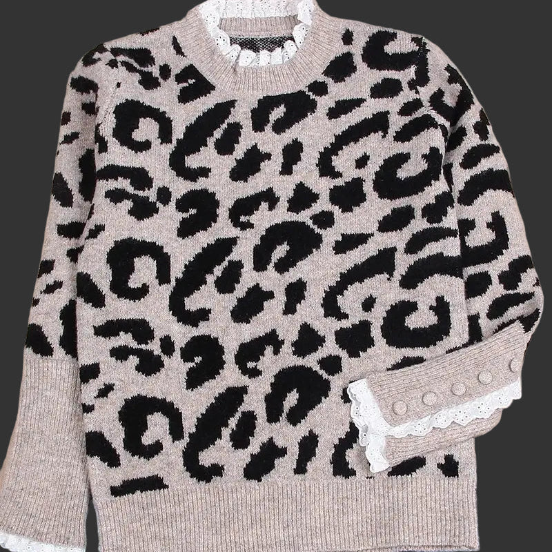 Leopard Lace Trim Crewneck Button Knit Sweater
