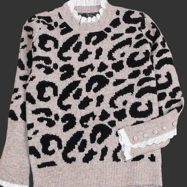 Leopard Lace Trim Crewneck Button Knit Sweater