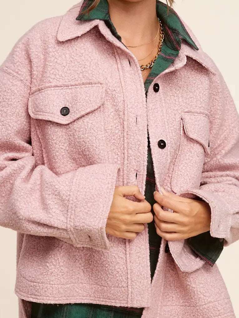 Textured Fuzzy Fabric Button Down Jacket (Blush)