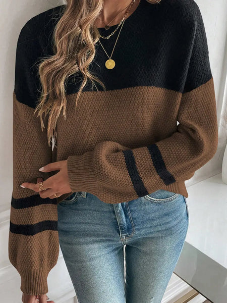 Parchment Color Block Knit Striped Sleeve Detail Casual Sweater