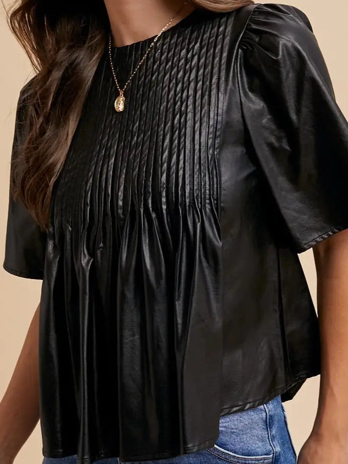 Leather Pin Tuck Detail Blouse
