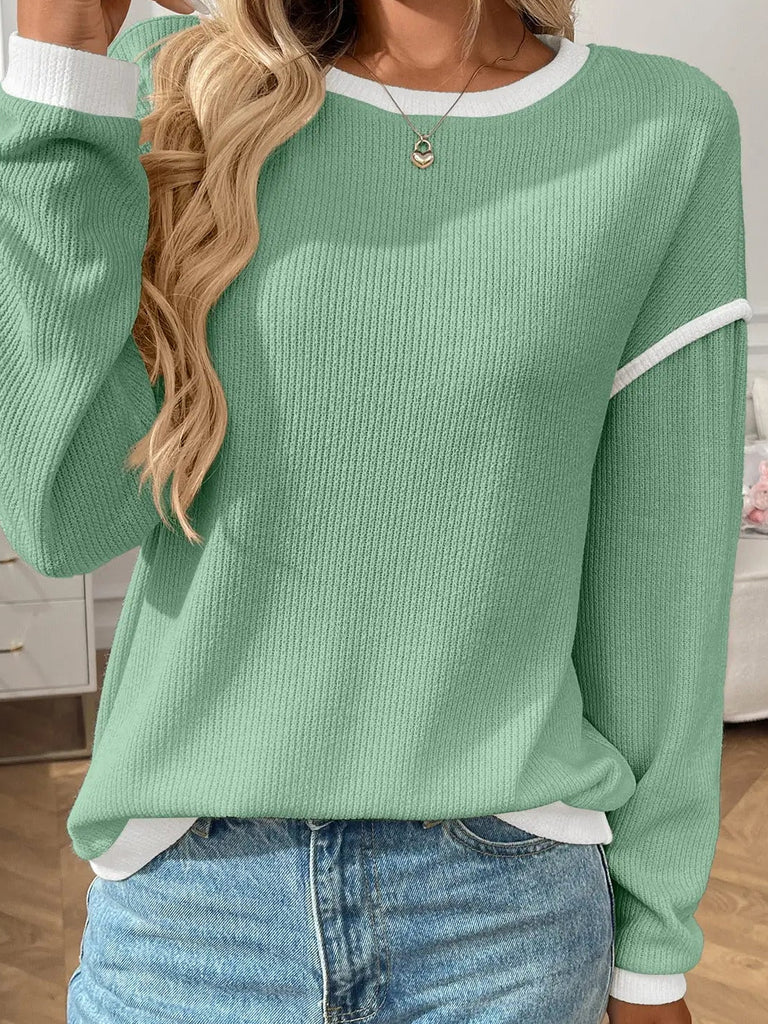 Green Contrast Trim Waffle Knit Long Sleeve Pullover Top