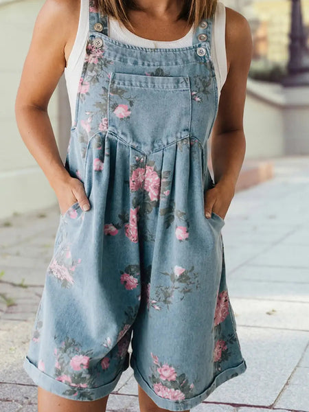 Floral Print Short Overalls