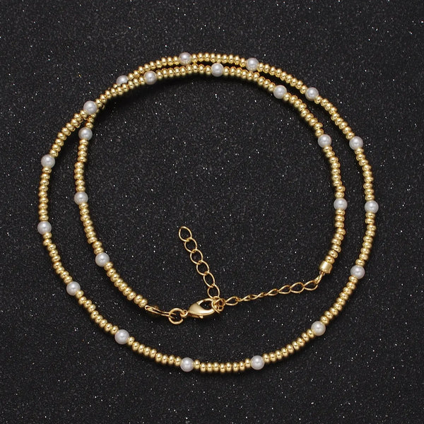 18K Gold Filled 3mm Beaded Necklace with Pearl