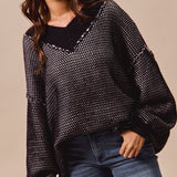 Oversized Two Tone Textured V Neck Sweater Top