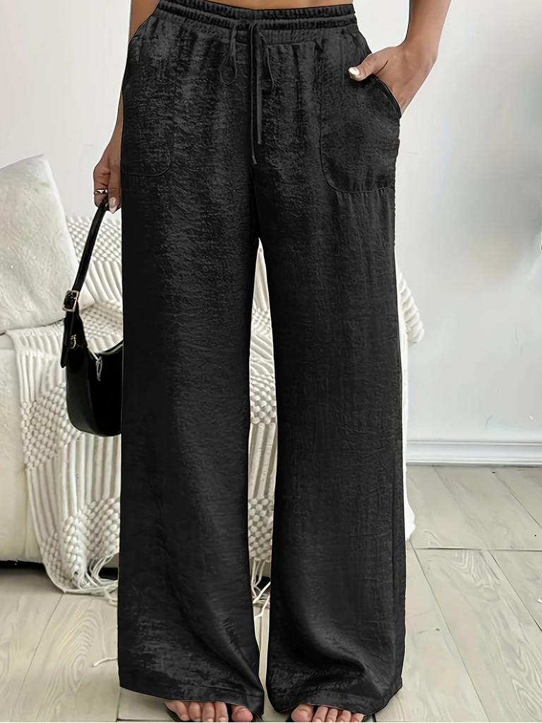 Drawstring Metallic Wide-Leg Pants- Black