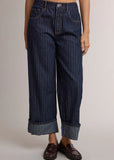 Pinstripe High Rise Wide Leg Cuffed Denim Jeans