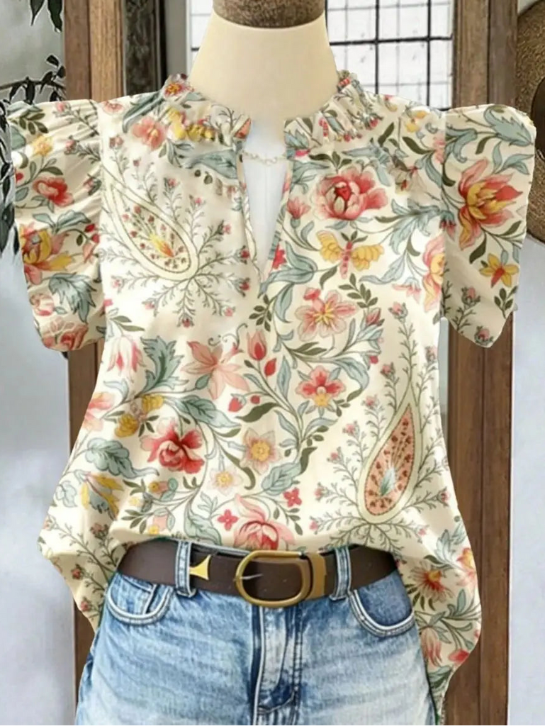 Floral Print Ruffle Flutter Sleeve Blouse