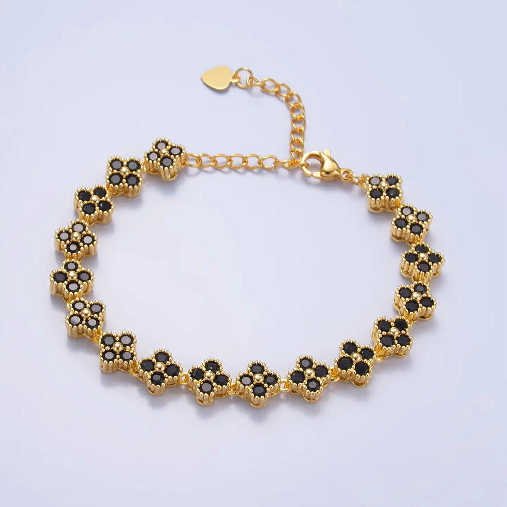 24K Gold Filled Black Quatrefoil Tennis Bracelet
