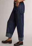 Pinstripe High Rise Wide Leg Cuffed Denim Jeans