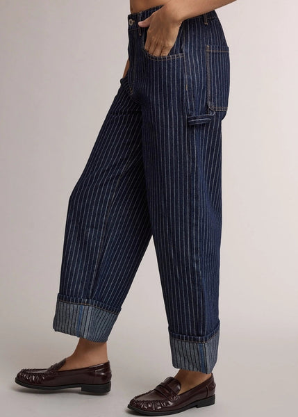 Pinstripe High Rise Wide Leg Cuffed Denim Jeans
