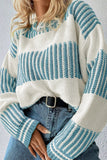Light Blue Two Tone Striped Patchwork Drop Shoulder Loose Sweater