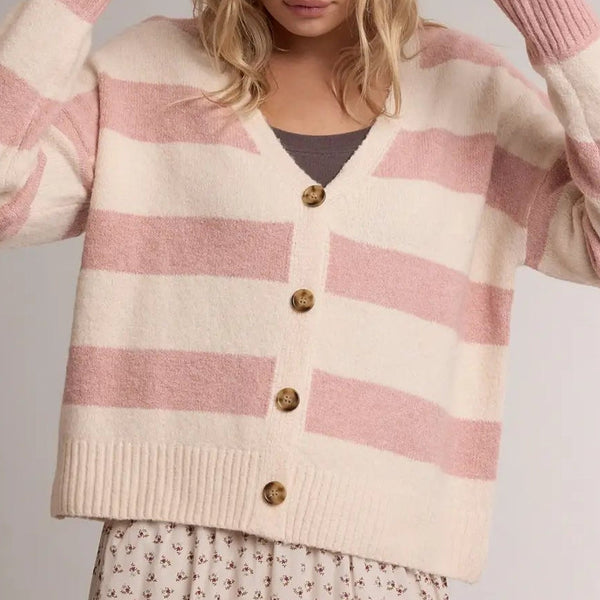 Striped Button Front V-Neck Cardigan Sweater
