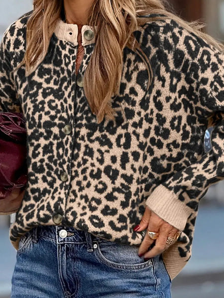 Leopard Drop Shoulder Chunky Knitted Cardigan Sweater