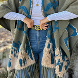 Olive Boho 3D Textured Abstract Fringe Ruana Cardigan