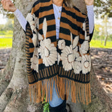 Brown Western Boho 3D Floral Fringe Ruana Cardigan