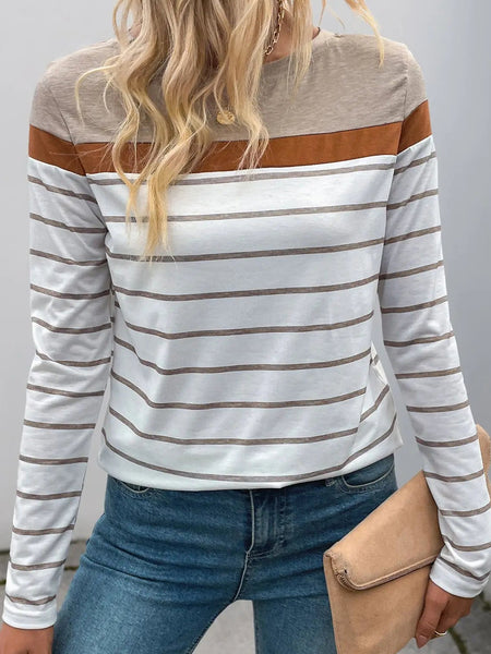 Retro Striped Long Sleeve T-Shirt For Women Casual Layering Top