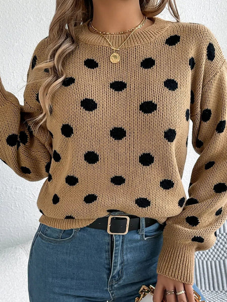Polka Dot Knit Sweater Long Sleeve Casual Pullover