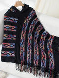 Striped Hooded Knitted Fringed Cape Shawl