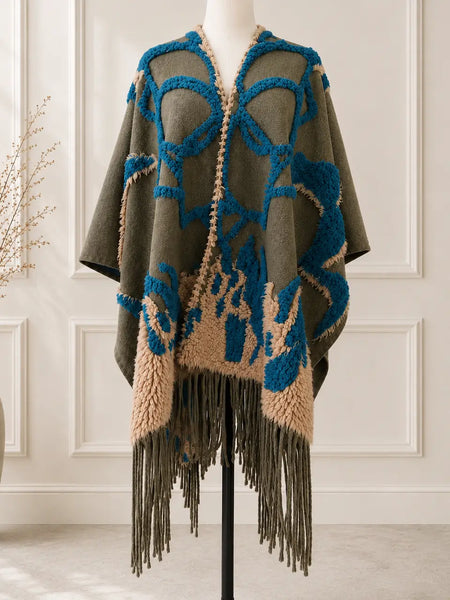 Olive Boho 3D Textured Abstract Fringe Ruana Cardigan