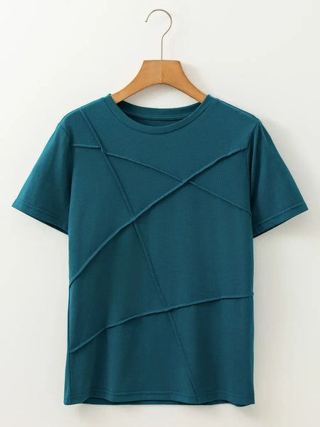 Blue Sapphire Solid Color Toothpick Stripe Round Neck T Shirt