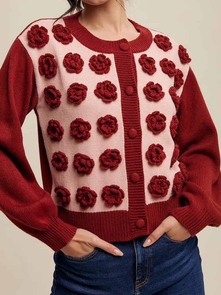 Handmade Rose Applique Knit Cardigan
