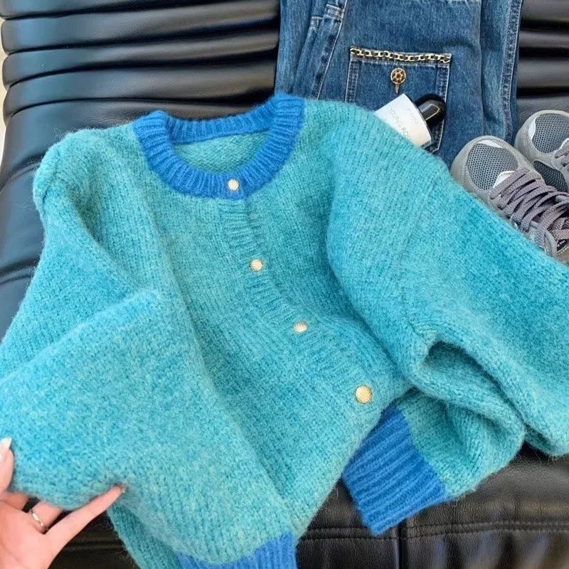 Casual Versatile Short Crop Loose Knit Cardigan (Aqua)