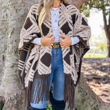 Western Boho 3D Textured Geometric Fringe Ruana Cardigan