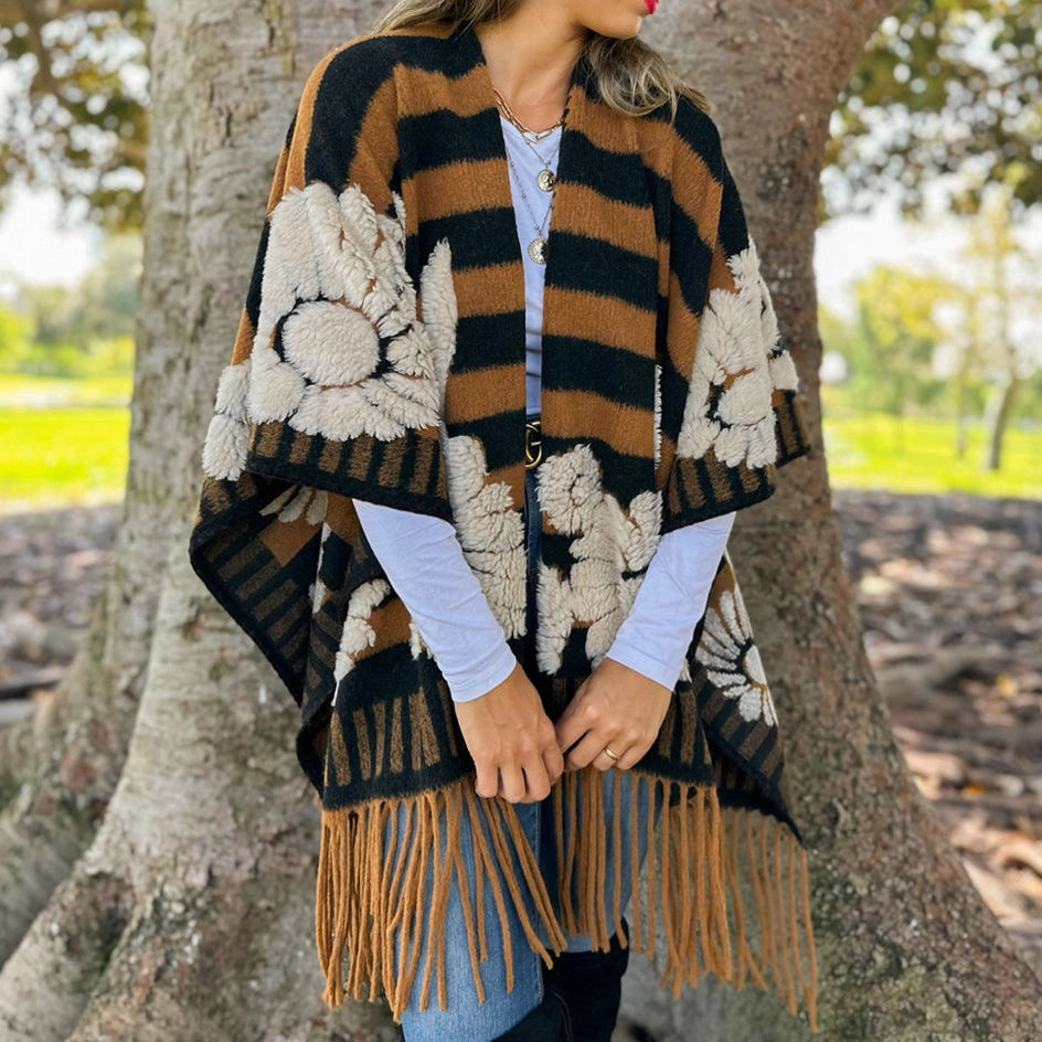 Brown Western Boho 3D Floral Fringe Ruana Cardigan