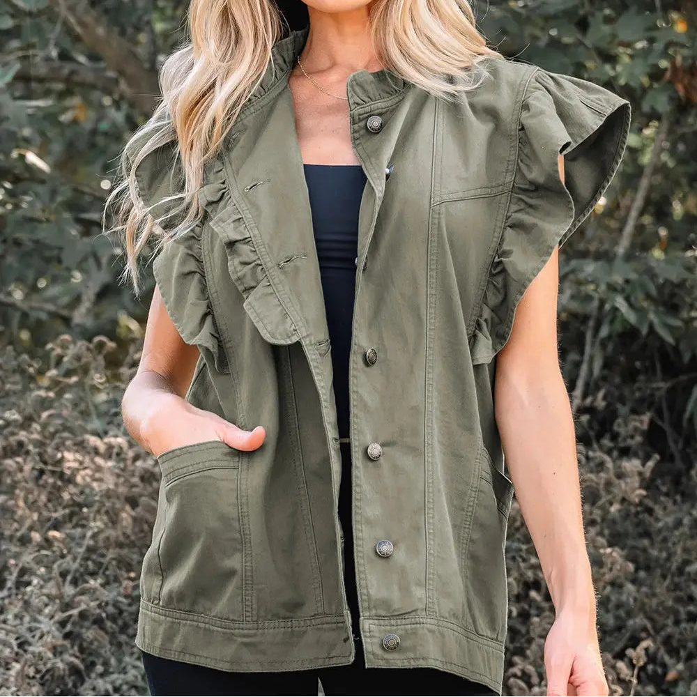 Ruffled Patchwork Denim Jacket Vest in Green