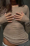 Round Neck Rhinestone Glitter Long Sleeve Top- Nude