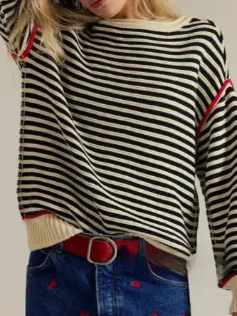 Striped Crewneck Knit Sweater | Loose Fit Pullover