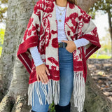 Red Western Boho 3D Textured Paisley Fringe Ruana Cardigan