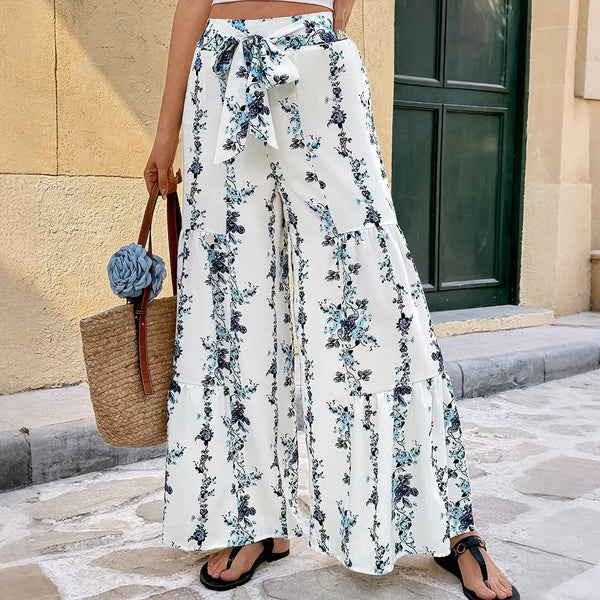 White with Blue Floral wide leg palazzo pants with tied waist