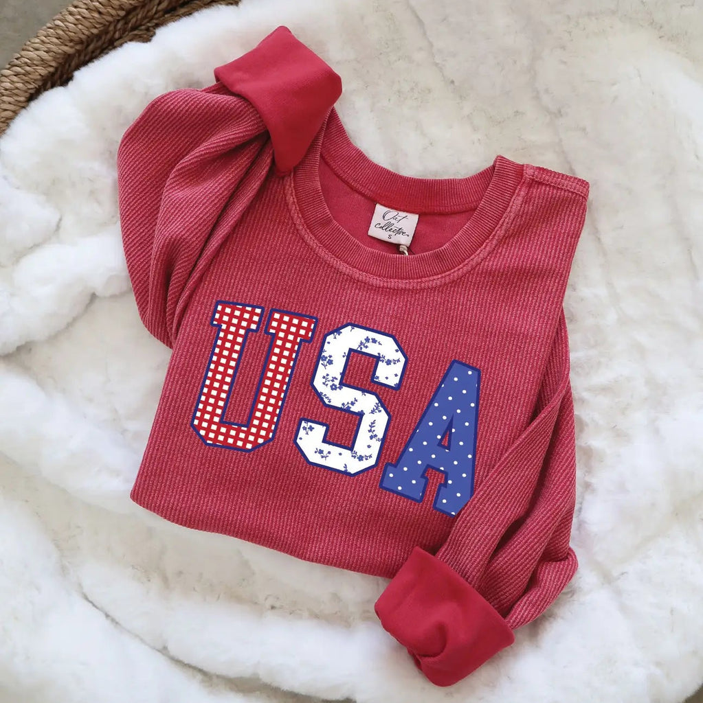 USA Corded Crewneck Cropped Sweatshirt- Red