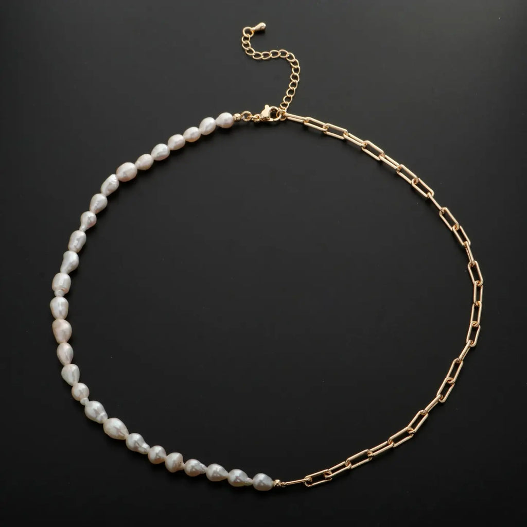 18k Gold Filled Freshwater Pearl Half Chain Necklace Paper Clip Link 16 Inch Necklace