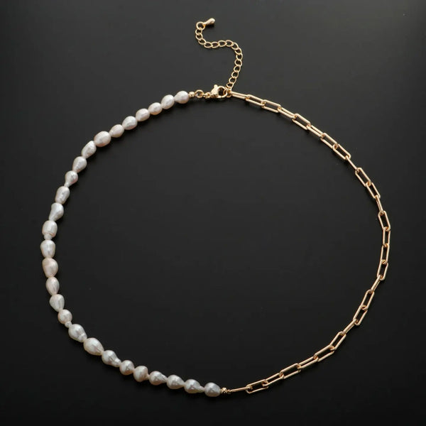 18k Gold Filled Freshwater Pearl Half Chain Necklace Paper Clip Link 16 Inch Necklace